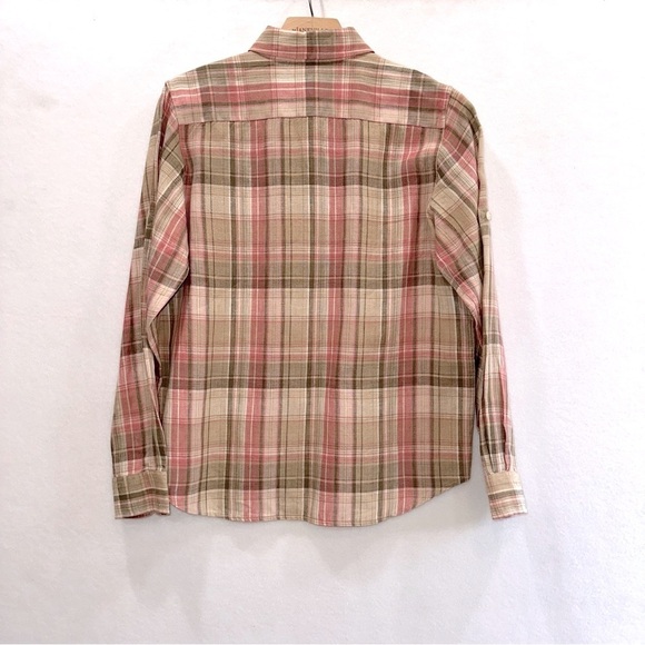 Lauren Ralph Lauren Linen Pink Brown Plaid Button Front Roll Tab Top MED - Picture 2 of 4